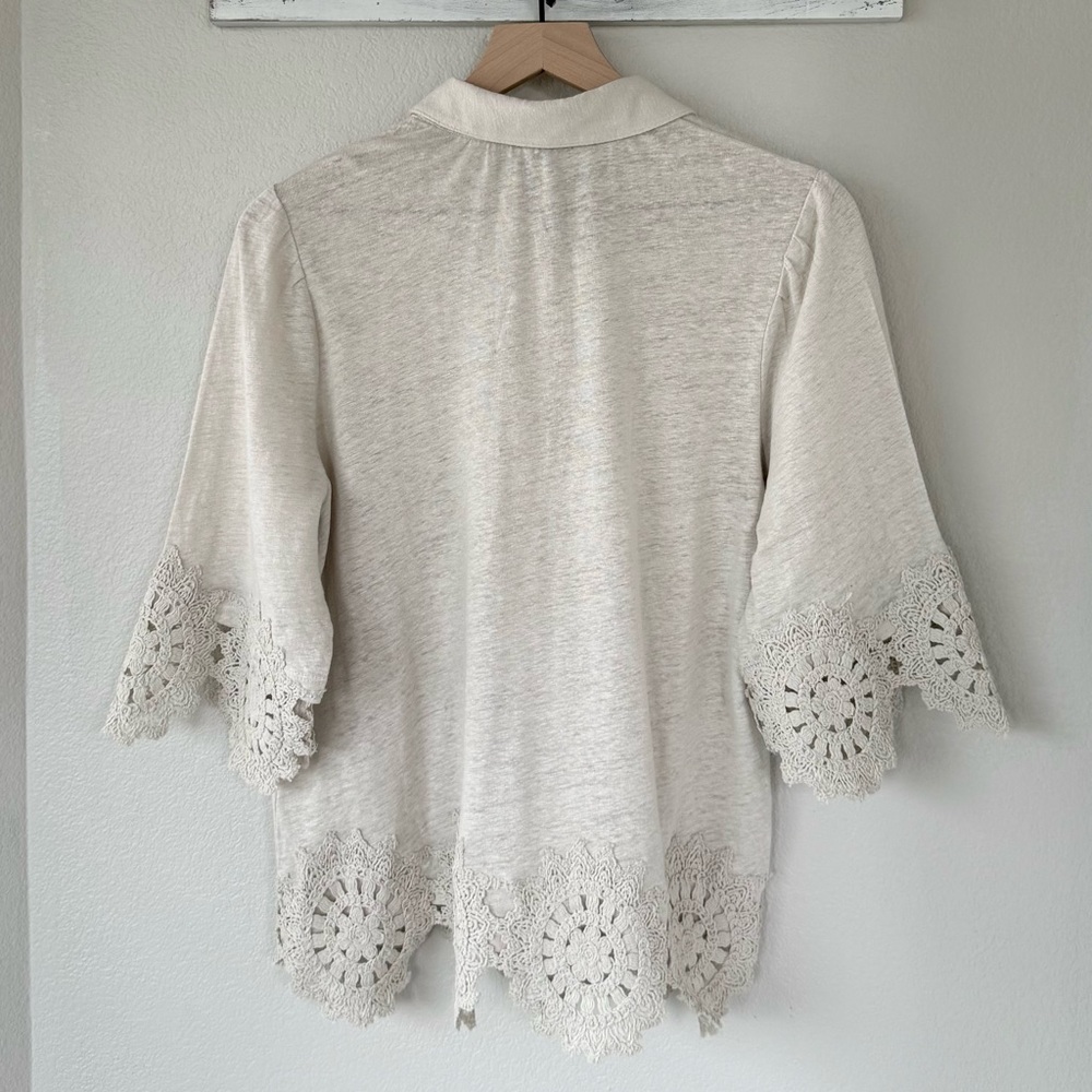 CHICO’S NWT 1 Crochet Trim Linen Shirt in River Rock Neutral Cream Blouse Top 8 - Picture 5 of 12